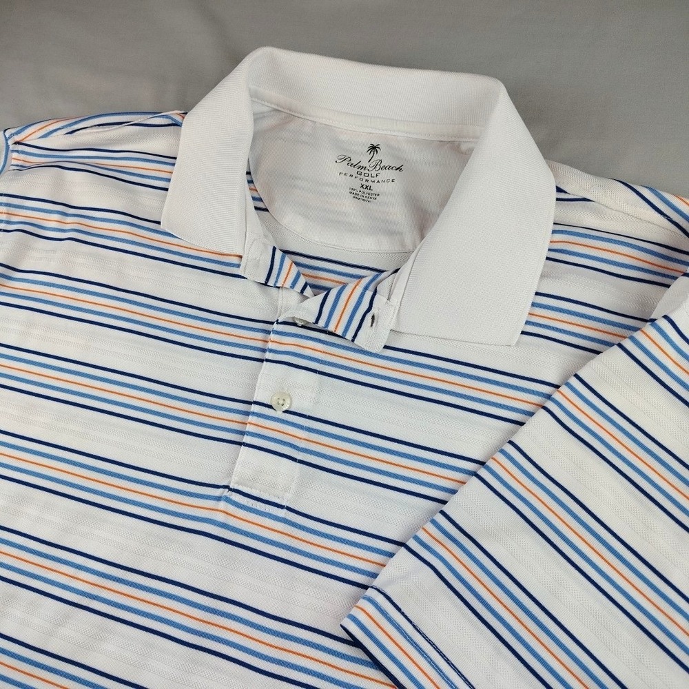 Palm Beach Golf Performance Polo Shirt Mens XXL/2XL White Blue Orange Striped